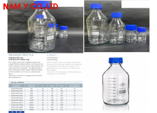 Chai trung tính thuỷ tinh, 500ML, cổ hẹp, nắp vặn nhựa xanh lam, GL45, có vạch chia 100ml, màu trắng